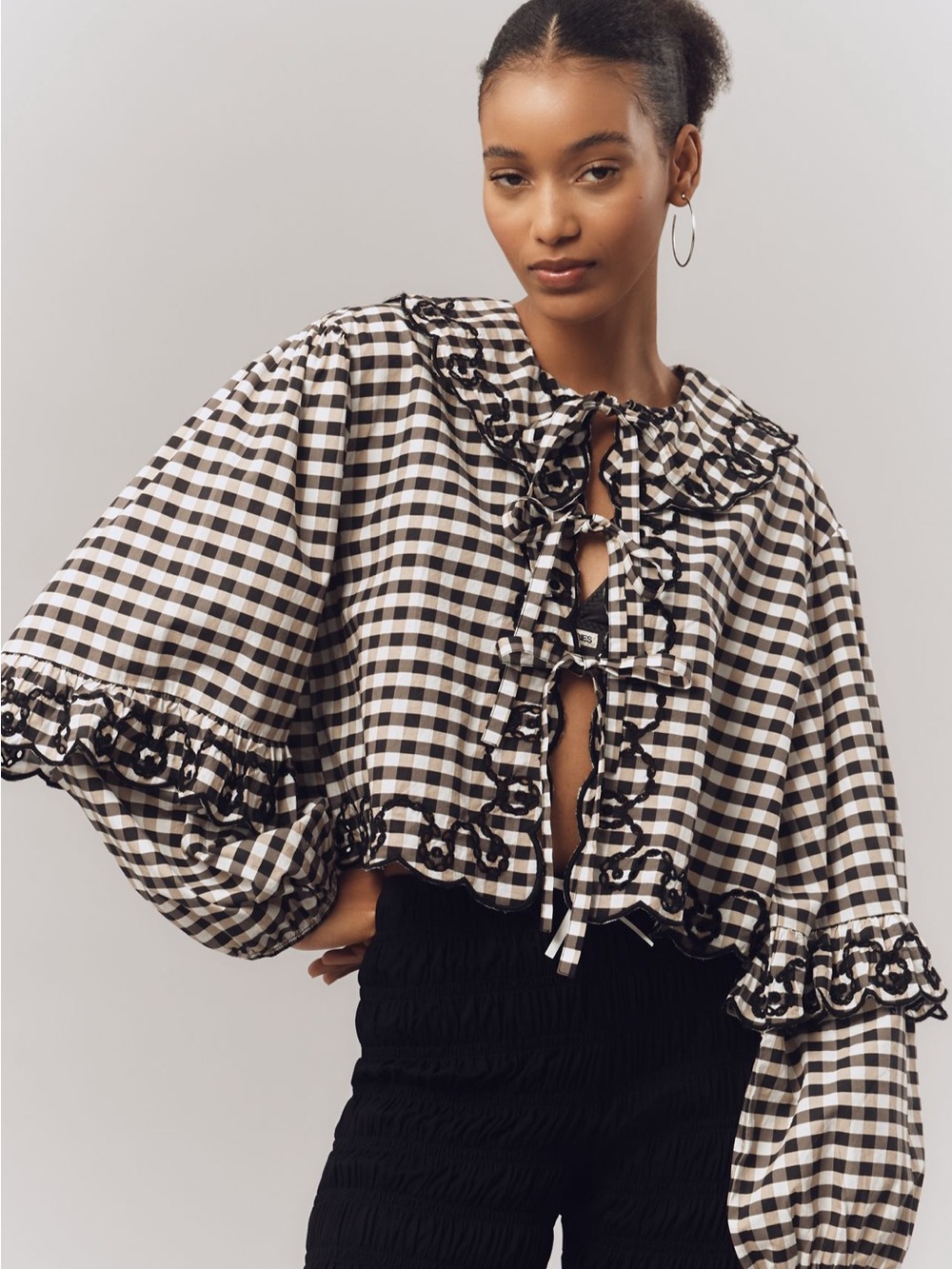Anthro/Maeve- Long Sleeve Scallop Tie Front Blouse, NWT